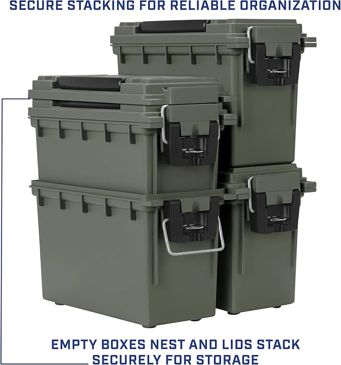 Sheffield 12757 4-Pack Ammo Storage Box, Stackable .30 Cal Field Boxes, Water and Dust Resistant, Lockable Storage Box with Handle, Secures Hunting Gear, Supplies, and Bullets, Made in the USA, Green