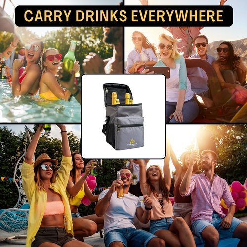 Outer Woods Insulated 4 Bottle Cooler Bag | 6+ Hours Cooling | Beverage Cooler Bag | 4 Units of Ice Gel Packs Included (Grey)