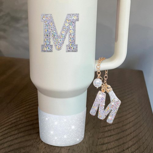 LA KEN DU Letter Charms for Stanley Cup Handle,Silicone Boot Accessories Charms for Stanley Cup 40oz 30oz,Crown Straw Cover Topper & Diamond Sticker (M)