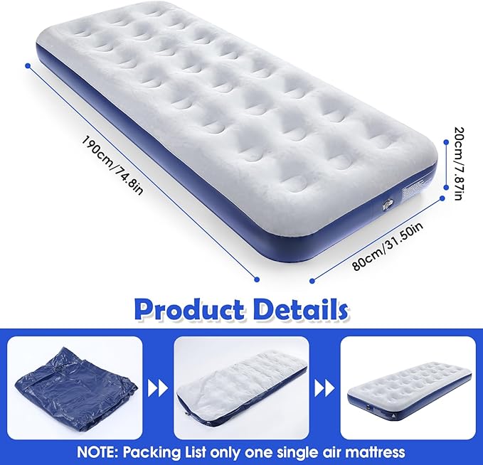 Camping Air Mattress Inflatable Air Bed Flocked Surface Travel Bed Sleeping Pad Air Bed for Outdoor Camping Tent Guest Travelling(2 PCS)