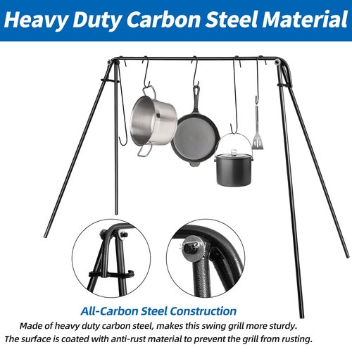 HONYTA Campfire Swing Cooking Grill Stand, Portable Hanging Cooking Rack with Collapsible Legs Adjustable Grill Grate and Hooks for Outdoor BBQ Picnic Cookware Party