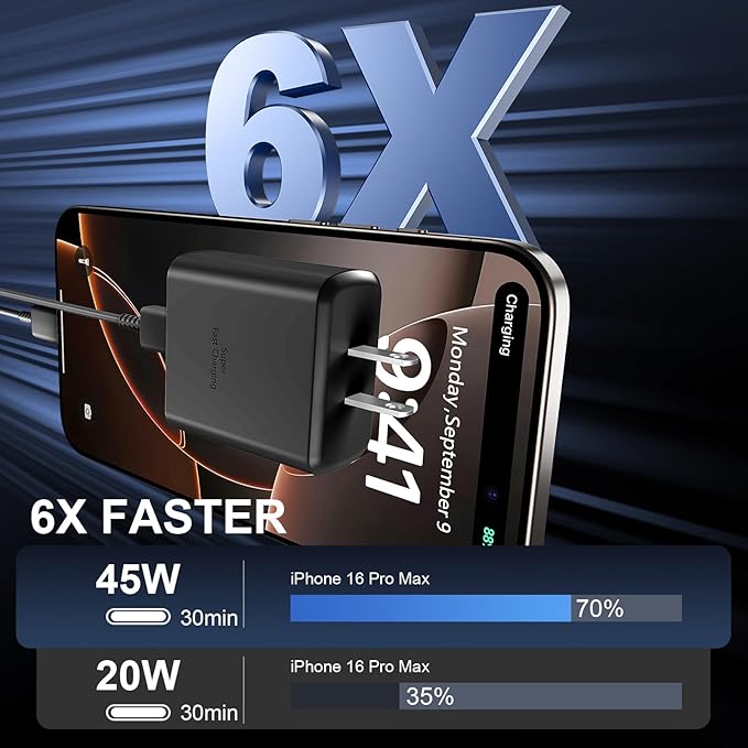 Phone 16 Pro Max Charger Fast Charging, 45W USB C Phone 16 Super Fast Charger Block with 10ft Long Type C Charging Cable Cord for Phone 16/16 Pro/16 Pro Max/16 Plus, 15/15 Pro Max/Pro/Plus, Black