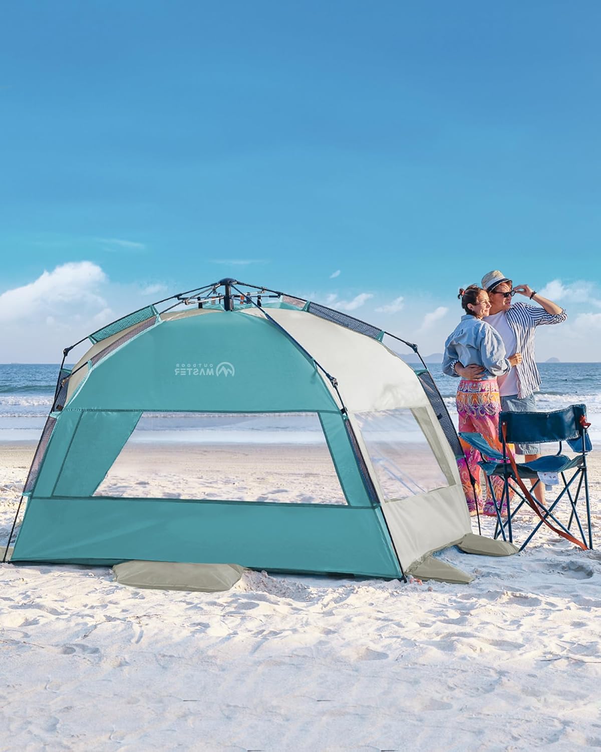 OutdoorMaster Beach Tent Sun Shelter for 3-4 Person, Pop Up Beach Tent Easy Setup with Sandbags, Portable Sun Shade Canopy with Carrying Bag for Beach & Outdoor, UPF50+ UV Protection, Family Size