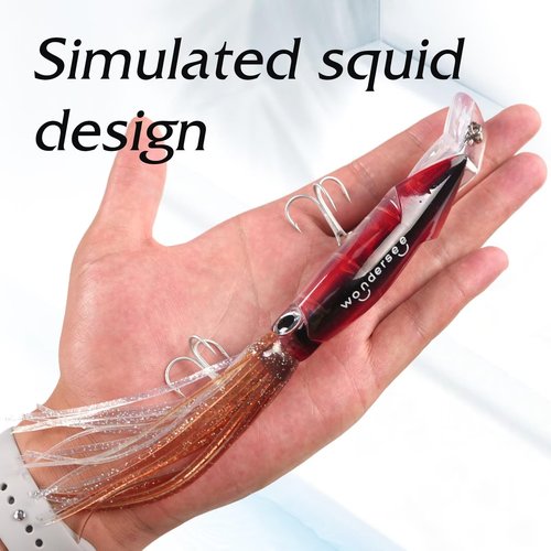 Wondersee Squid Fishing Bait Soft Hard Lures Kit Swimbait Crankbait Jig Simulation Weighted Holographic 4 PCS, Red & Black