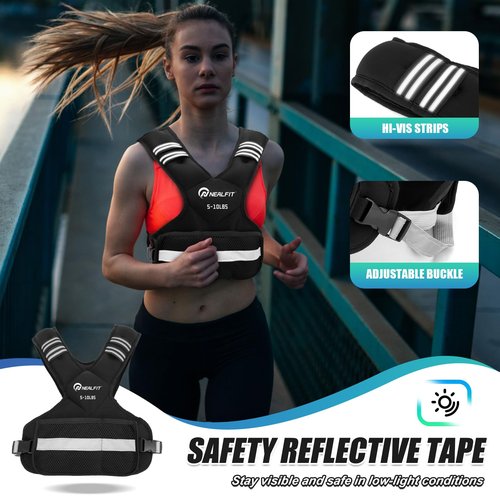 NEALFIT Weighted Vest for Women and Men, 5-10lb/11-20lb/18-30lb Adjustable Weighted Vest with Reflective Strip, Body Weight Vest for Walking, Running, Fitness, Strength Training (Black, 5-10 lbs)