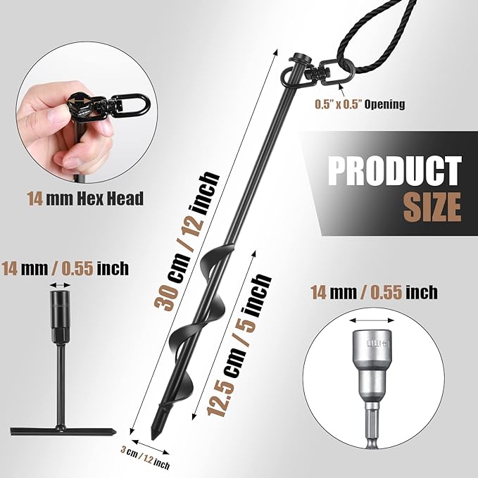Reginary 12 Inch Tent Stakes Heavy Duty Screw in Ground Anchors High Wind Camping Stakes for Trampoline Canopy Carport Sheds Anchor Beach Sand Stakes Metal Swing Set(Black, 6 Pcs)
