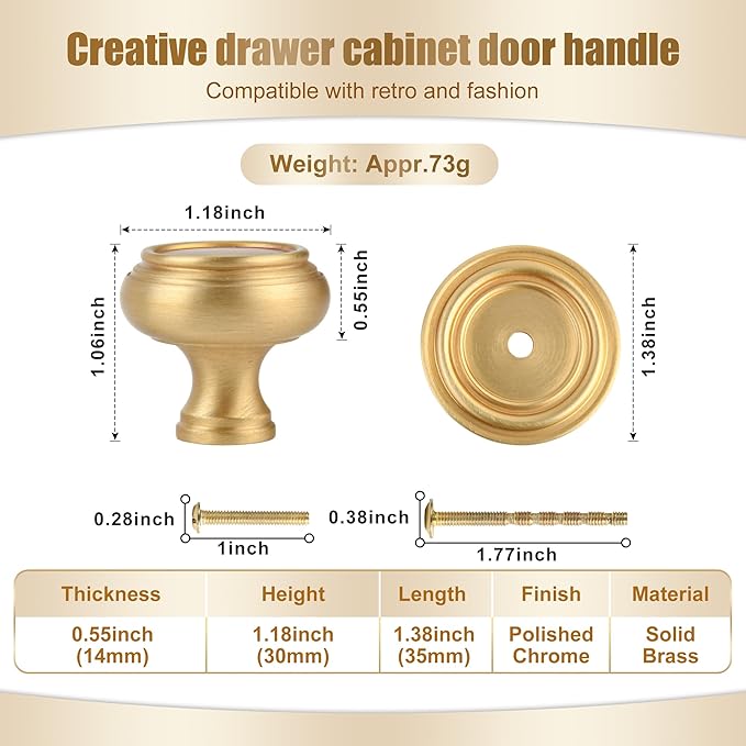 5 Pack Brushed Gold Solid Brass Kitchen Cabinet Knobs, Drawer Pulls, 1.18 Inch 30mm Diameter, Modern Furniture Handles for Cupboard Wardrobe(Antique)