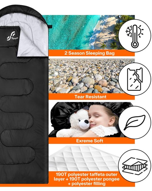 Sportneer Sleeping Bag, 3 Seasons Warm Cold Weather Sleeping Bags for Adults Kids Boys Girls with Compression Sack- Lightweight Camping Essentials Gear Accessories, Backpacking, Hiking (Black)