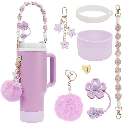 Purple 7PCS Stanley Cup Accessories Set for 30oz 40oz Tumbler - Includes Water Bottle Handle Strap, Cup Boot, Straw Cover, Handle Charm