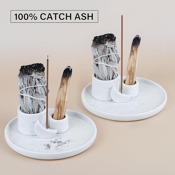 ZenBless 4 in 1 Incense Burner Holder, Palo Santo Holder, Sage Holder for Burning, Incense Holder for Sticks, Candle Holder, 5.9 inches Ceramic Ash Catcher Tray for Meditation Yoga Room(White)