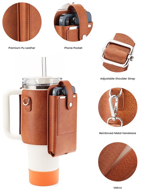 molshine Water Bottle Carrier Bag Holder with Phone Pocket Adjustable Strap for Stanley 30 40oz, Insulated PU Leather Cover Sleeve Sling Crossbody Bag for Walking Camping Hiking Travelling (Brown)