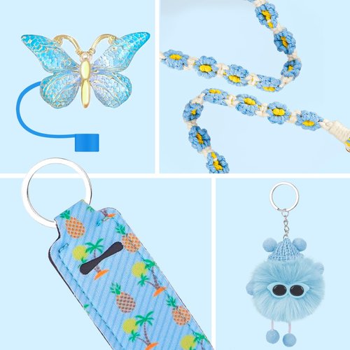 TJYAEKLTD Cup Accessories for Stanley Cup, Stanley Cup Accessories Set Including Silicone Cup Boot, Lipstick Holder, Water Bottle Handle Strap, Keychain Charms, for White Stanley Cup 40oz/30oz(Blue)