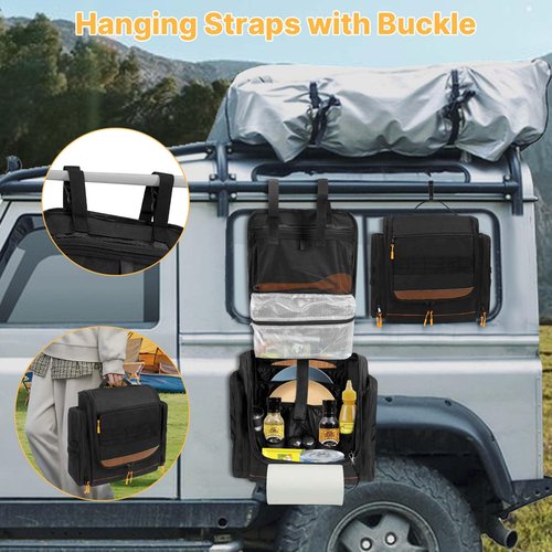 ORKELS Camping Organizer Hanging Tactical Camping Cookware Bag – Utensil Organizer with Towel Holder & Multiple Pockets for RV, Tent, Camper, Grilling