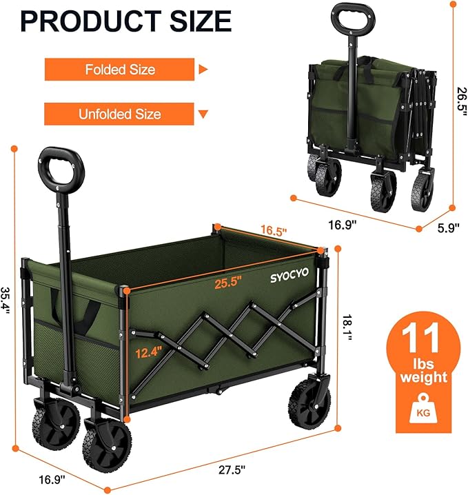 Collapsible Wagon Cart 360lbs Beach Foldable Wagon Lightweight & Portable Folding Utility Grocery Shopping Carts with Wheels for Shopping Sports Garden Camping Green