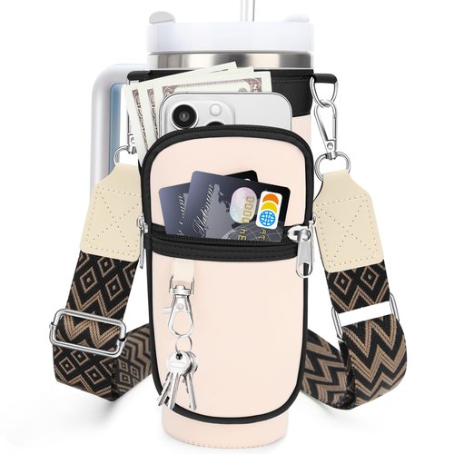 Water Bottle Holder Carrier with Adjustable Strap for Stanley Cup 40oz with Handle, Neoprene Water Bottle Sling Bag with Phone Pocket & Carabiner Tumbler Accessories, Birthday Gifts for Men Women