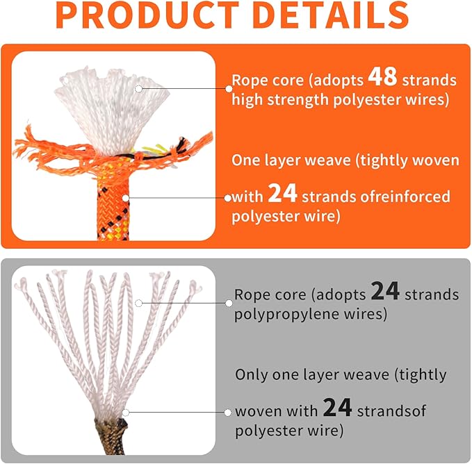 Arborist Rope Tree Rope Polyester Bull Rope (1/2in x 150ft) 48 Strands for Pull Swing Knot (Orange)