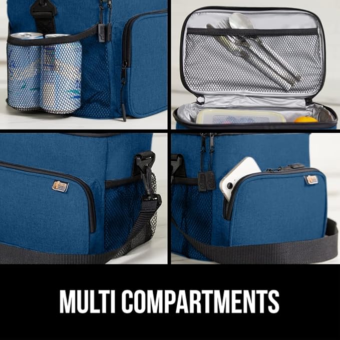 GORILLA GRIP Reusable Insulated Lunch Box Bag for Women Men,15L, Leakproof XL Soft Cooler Bags, Multiple Compartments, Mesh Pockets and Adjustable Strap, Food Tote Keeps Drinks Cold, 13x9, Navy Blue