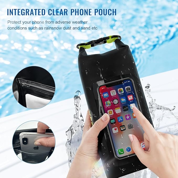 Waterproof Dry Bag,Roll Top Waterproof Backpack Phone Case Pouch for Travel,Kayaking,Rafting,Camping,Surfing,Boating,Hiking,Beach and Fishing (2 L Black+Green)