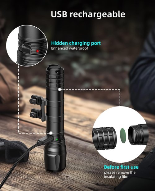 EZshoot 1800 Lumens Tactical Rifle Light with Remote Pressure Switch Compatible with M-Rail, IPX7 Waterproof Rechargeable Rifle Flashlight with Strobe Mode for Home Defence, Hunting