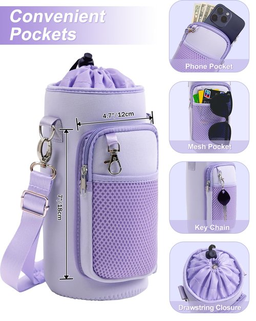 RHDZO Water Bottle Carrier Bag with Strap Insulated Water Bottle Holder with Phone Pocket and Handle 32oz 40oz 50oz Water Bottle Sleeve for Walking Hiking, Purple