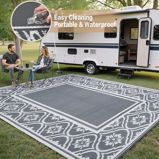 Outdoor Rug 8x10 Patio Waterproof Mat Camping Carpet Outside Area Rug Reversible Grey Rugs for RV Deck Entryance Porch Picnic Balcony Beach
