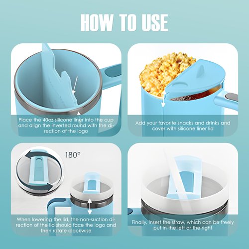 Teeloray 2-in-1 Drink Separator Silicone Liner for Stanley Cup 40oz, Inner Cup Section Tray with Lid and Handle, Black