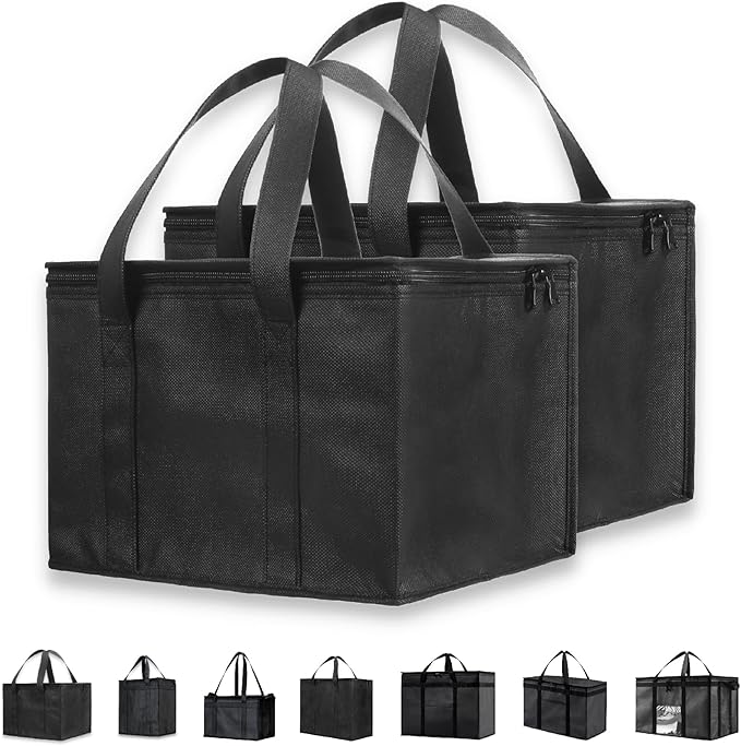 NZ home Insulated Cooler Bag and Food Warmer (Small, 2 pack) for Food Delivery & Grocery Shopping with Zippered Top, Black