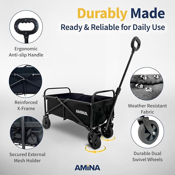 AMiNA Wagons Carts Foldable - Collapsible Wagon Lightweight, Water-Resistant Carts with Wheels, Folding Wagon 200 lbs Weight Capacity for Sports, Camping, Beach Cart, Utility Cart - Black