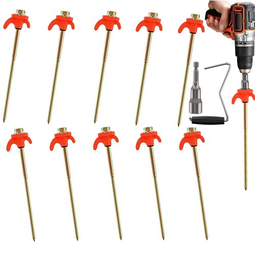 Tent Stakes Heavy Duty, 10 psc, 8 Inch Screw in Camping Stakes, Anti-Rust Canopy Stakes, Sturdy Ground Stakes with Tools, Metal Tarp Stakes Puller Inclueded