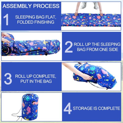 Camping Sleeping Bag for Kids 3 Season Warm Cool Cold Weather Waterproof Sleeping Sack for Boy Girl with Carry Bag Adult Travelling Outdoor Camping Gear Equipment(Space Dinosaur,Blue)
