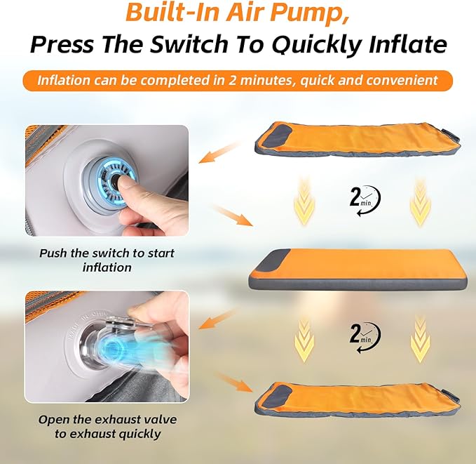 Self Inflating Sleeping Pad, Camping Mattress Built-in Electric Pump, 2-Minute Quick Inflation, Durable Waterproof and Leakproof, Compact and Portable, Suitable for Home Camping Trips