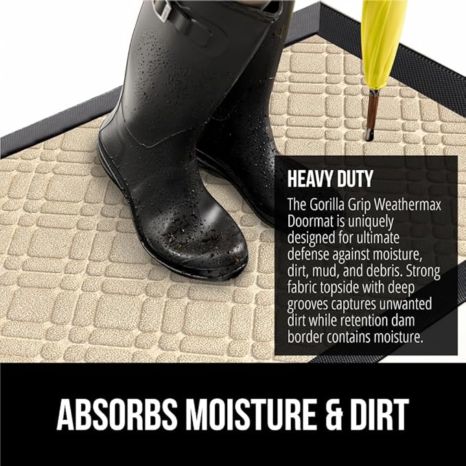 GORILLA GRIP 100% Waterproof All-Season WeatherMax Doormat, 47x35, Durable Natural Rubber, Stain and Fade Resistant, Low Profile, Indoor Outdoor Door Mats, Easy Clean Patio Entrance Mat, Modern Latte
