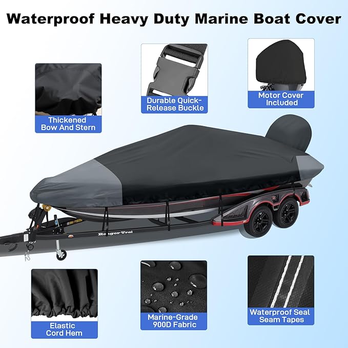 Boat Cover 17-19ft,Bass Tracker Boat Cover with Sand Bag Mooring Kit,1200D Marine Canvas Waterproof Heavy Duty Boat Covers for 17 feet 18ft 19' Foot V Hull Bass & Runabout Boat,Black