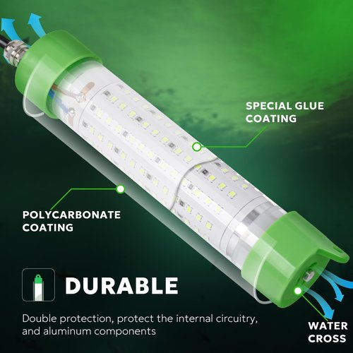 SF LED Underwater Fishing Light 100W Fish Attracting Light 13000lm Green Fishing Light Submersible for Dock and Boats IP68 Waterproof 24ft with Cigarette Lighter or Battery Clips to Provide Power