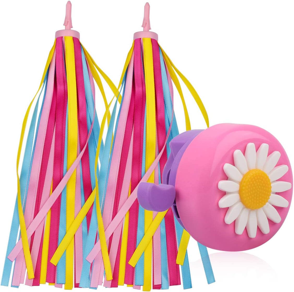 U-LIAN Kids Streamers and Bike Bell for Girls-1 Pack Flower Bicycle Bell with 2 Pack Handlebar Streamers Scooter Tassels for Children's Bike Accessories