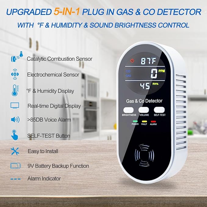 5-in-1 Upgraded Gas & Carbon Monoxide Detectors Plug in, Combination Natural Gas Detector and Carbon Monoxide Detector with ℉, Humidity and Sound, Brightness Control, Holds 9V Battery (not Included)