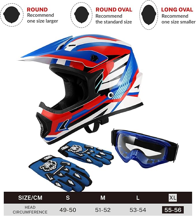TCT-MOTORPARTS DOT Youth Kids Motocross ATV Full Face Helmets for Offroad Street Dirt Bike Go-Kart BMX MX Blue X-Large