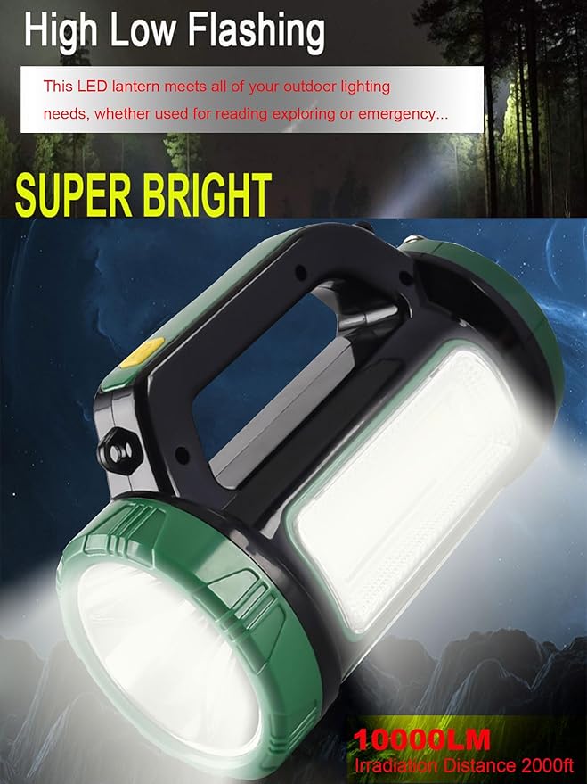 Solar Rechargeable LED Searchlight Spotlights, Super Bright 10000LM Handheld Spotlight Lantern, Multifunctional LED Lamp Camping Work Light, 6 Light Modes, Power Bank, IPX4 Waterproof