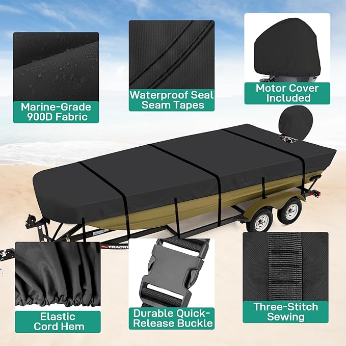 Jon Boat Cover 14 ft, 900D Heavy Duty Trailerable Waterproof Jon Boat Cover 14 Foot with Motor Cover, Marine Grade Canvas,Black