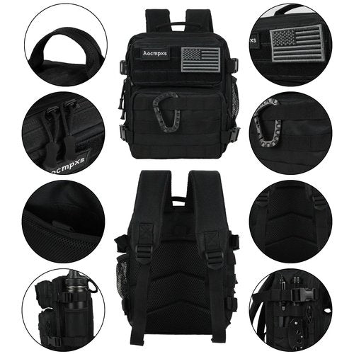 Aocmpxs Mini Tactical Backpack, 9L Small Gym Backpacks Sport Bag for Men Women Molle Military Pack with US Flag Patch and Carabiner (Black)