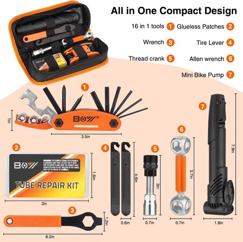 Bicycle Repair Bag With Tire Pump, Portable Tool Kit for Camping Travel - Bike Glueless Patches, Maintenance Essentials All in One Safety Kit