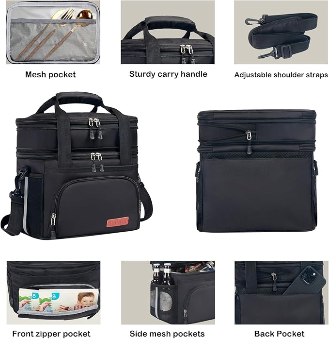 Lunch Box For Men/Women,Large Double-layer Insulated Expandable Reusable Leakproof Cooler Bags For Adults,Lunch Bag With Adjustable Shoulder Strap For Office Travel Picnic（Gray）
