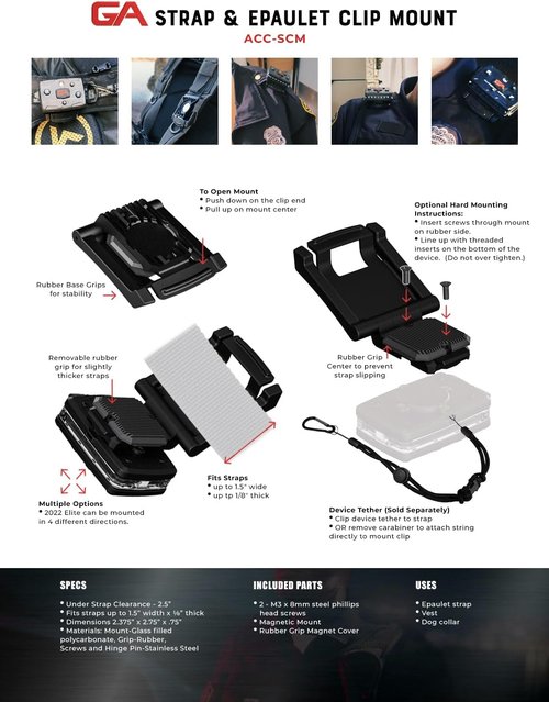 Guardian Angel Flashlight Strap & Epaulet Clip Mount Accessory – Magnetic Mount with Screw-in Feature – Securely Snaps Around Straps & Epaulets – for Uniform Epaulets, Shoulder Straps, Dog Collars