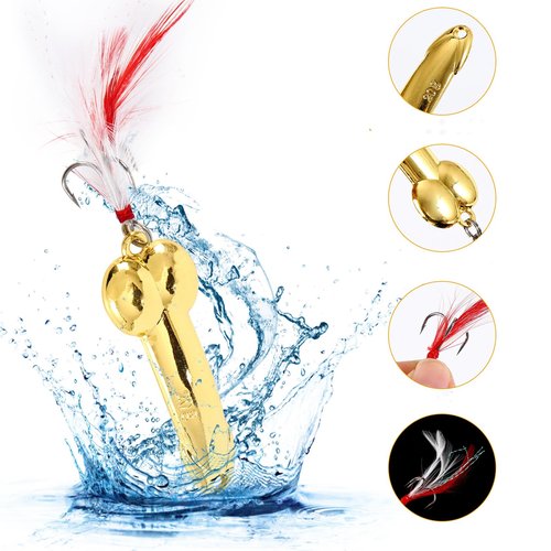 DAMIDEL 7Pcs Topwater Fishing Lures Bait Kit, 5g/10g/15g/20g Bass Fishing Lure with Custom Made Trebles Hooks, Mixed Red and White Feathers, Gold, Silver, Green, Red Copper Colours (10g)