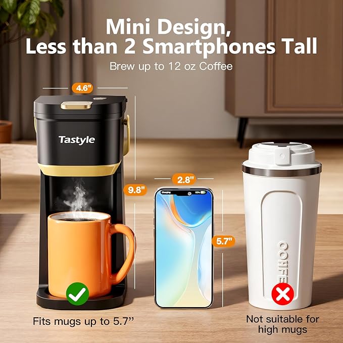 Single Serve One Cup Coffee Maker, for K Cups and Grounds, Mini Coffee Maker with Portable Handle, 6 to 12 Oz Brew Size, for Travel, Camping, Office, RV and Dorm, 120V, Black and Gold