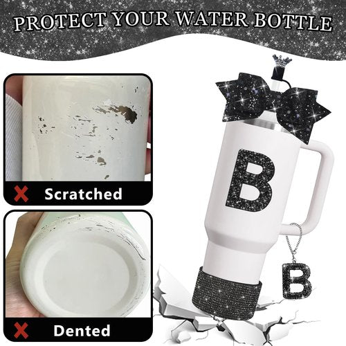 XIANGYUAN Water Bottle Accessories Set for Stanley Cup,Accessories Charms for Stanley Cup Including,Decorations for Tumbler Cup 30/40OZ,Glitter Silicone Boot with Bow Straw Cover (Black Diamond B)