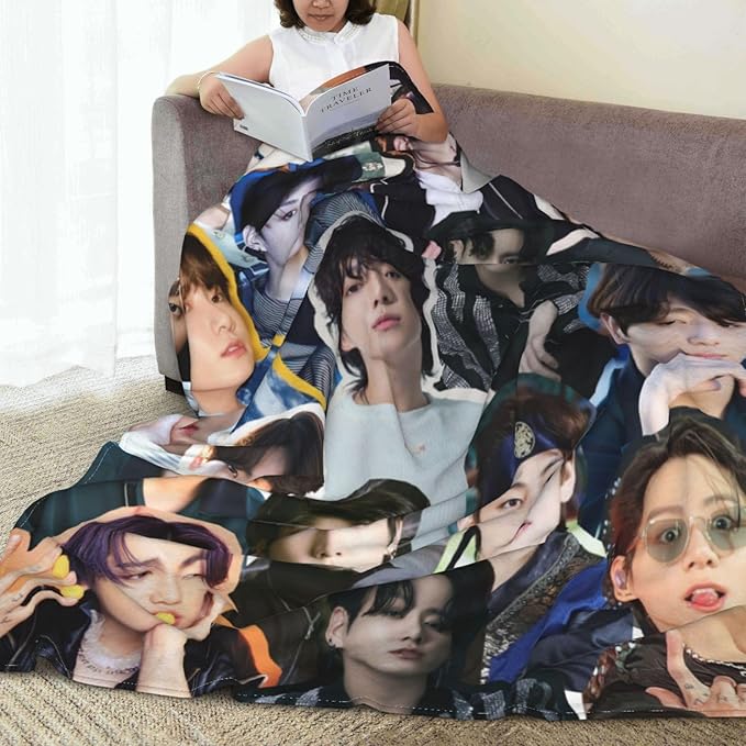 Jungkook Blanket Jeon Jung Kook Soft and Comfortable Warm Fleece Throw Full Picture of Idol Group Blankets 50"X60" Beach Blankets Gift for Dorm Room Decor Sofa Bed Camping Travel