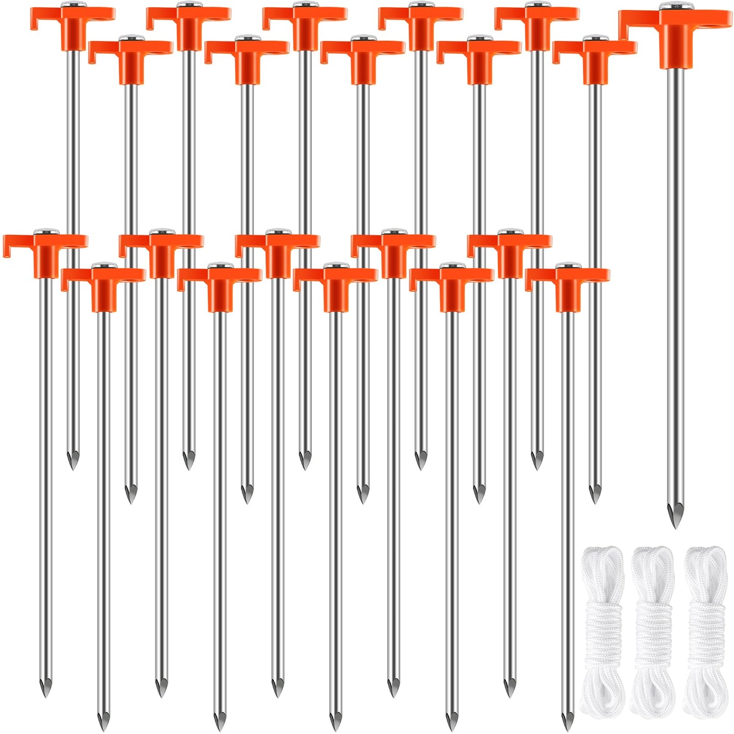 Yihurlm 20 Pack Tent Stakes,10Inch Heavy Duty Ground Stakes,Non-Rust Metal Tent Pegs,Steel Tent Stakes Tent Spikes for Outdoor Camping Garden Camping Family Tent,with 2 Pcs 10FT Ropes(Orange)