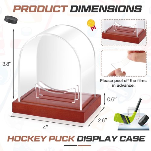 Wonderjune Clear Hockey Puck Display Case Acrylic Hockey Puck Holder with Wood Base Hockey Puck Display Stand for Autographed Collectibles Souvenir