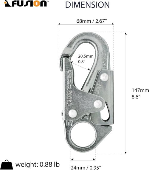 Forged Steel Snap Hook 25KN - Fusion Climb® Maxi-2 - Professional Fall Protection Snap Hook - Heavy Duty Carbon Steel - Double-Action Snap Hook for Safety, Climbing, Rappelling - OSHA